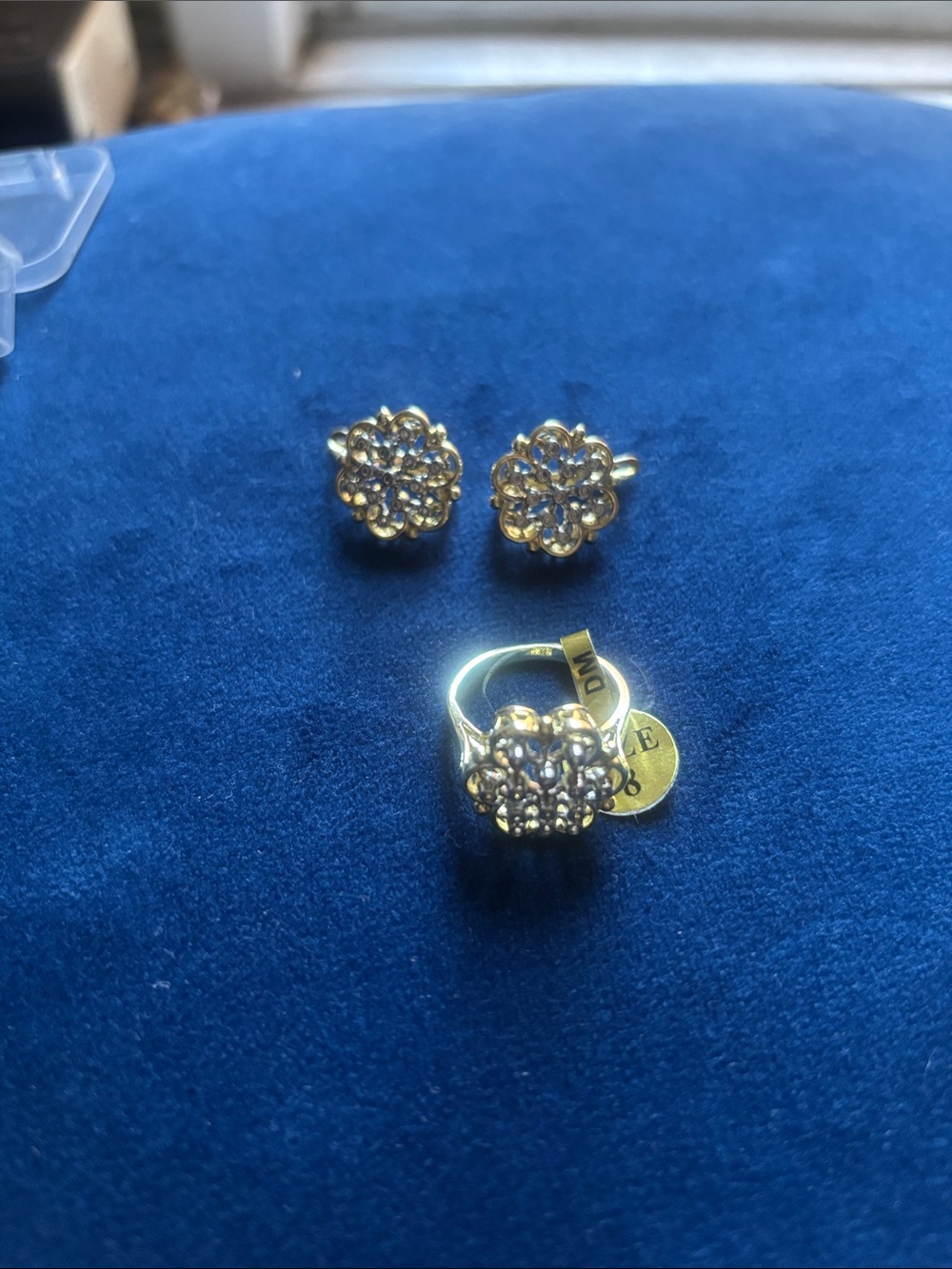 Gold filled and silver floral cluster ring and matching earrings.